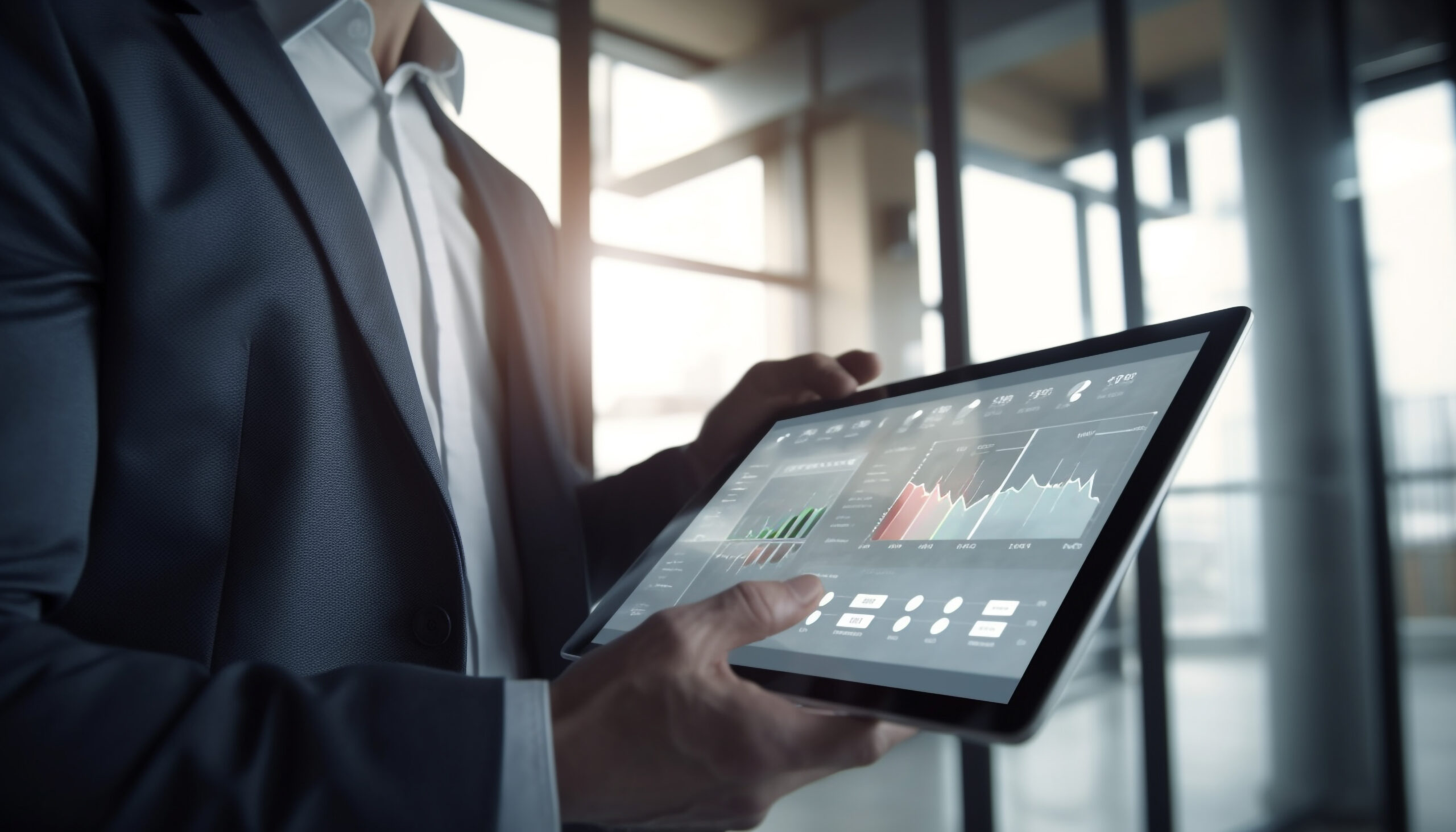 Successful businessman showing growth chart on digital tablet generated by artificial intelligence